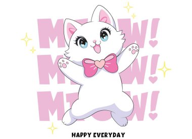 kawaii beyaz kedi pembe yaylı - şirin miyav vektör illüstrasyonu