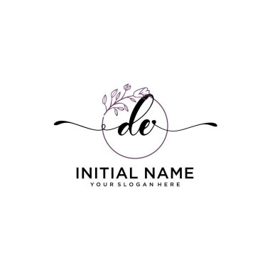 Handwriting Floral Initial Logo DE with Geometric Frame