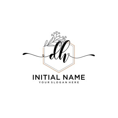 Handwriting Floral Initial Logo DH with Geometric Frame