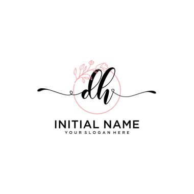 Handwriting Floral Initial Logo DH with Geometric Frame