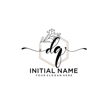 Handwriting Floral Initial Logo DQ with Geometric Frame