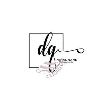 Handwriting Floral Initial Logo DQ with Geometric Frame