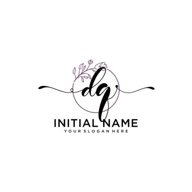 Handwriting Floral Initial Logo DQ with Geometric Frame