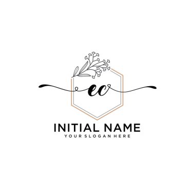 Handwriting Floral Initial Logo EC with Geometric Frame
