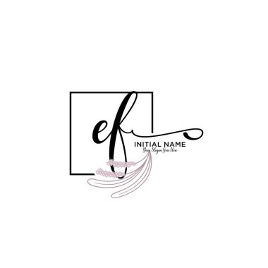 Handwriting Floral Initial Logo EF with Geometric Frame