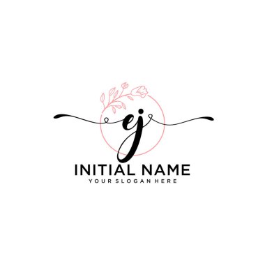 Handwriting Floral Initial Logo EJ with Geometric Frame