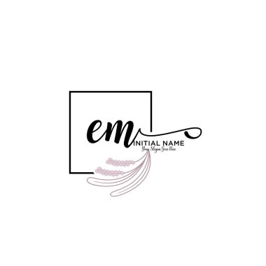 Handwriting Floral Initial Logo EM with Geometric Frame