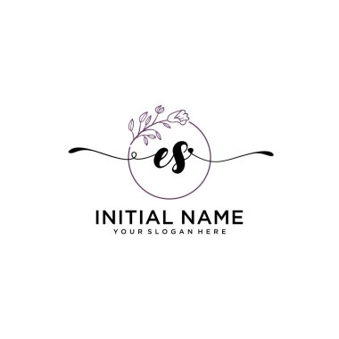 Handwriting Floral Initial Logo ES with Geometric Frame