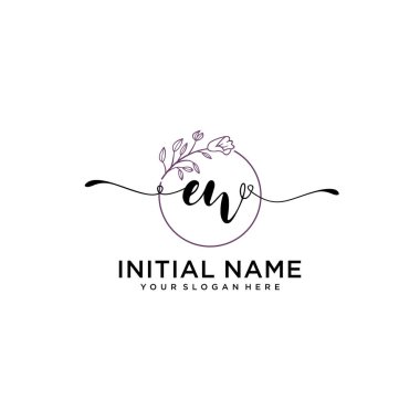 Handwriting Floral Initial Logo EW with Geometric Frame