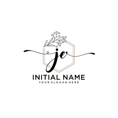 Geometrik Çerçeve ile El Yazısı Çiçek Baş Logosu JE