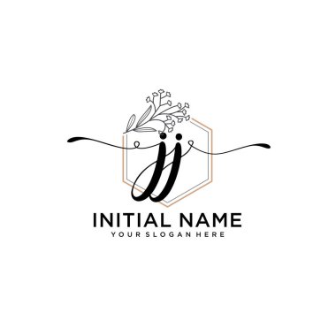 Geometrik Çerçeve ile El Yazısı Çiçek Baş Logosu JJ