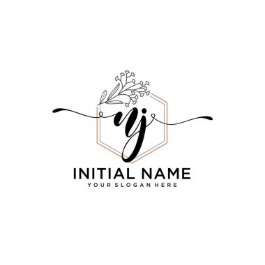 Geometrik Çerçeve ile El Yazısı Çiçek Baş Logosu NJ