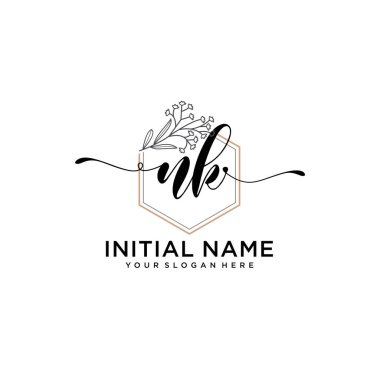 Geometrik Çerçeve ile El Yazısı Çiçek Baş Logosu NK