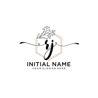Geometrik Çerçeve ile El Yazısı Çiçek Baş Logosu RJ