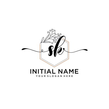 Geometrik Çerçeve ile El Yazısı Çiçek Baş Logosu SK