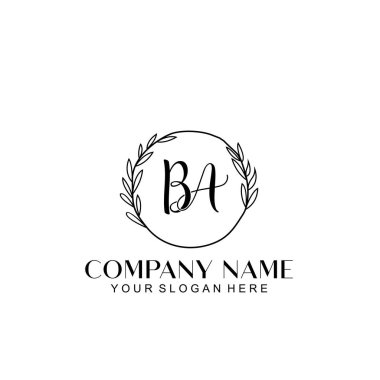 El yazısı BA Baş harfleriyle Çiçek Monogram Logosu Seti