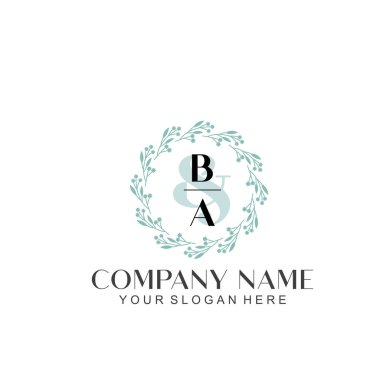 El yazısı BA Baş harfleriyle Çiçek Monogram Logosu Seti