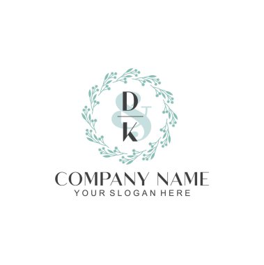 El yazısı DK Baş harfleriyle Çiçek Monogram Logosu Seti