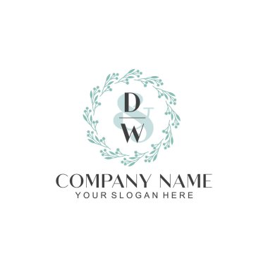El yazısı DW Baş harfleriyle Çiçek Monogram Logosu Seti