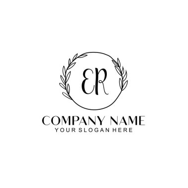 El yazısıyla ER baş harfleriyle Çiçek Monogram Logosu Seti