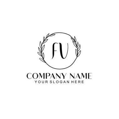 El yazısı FV baş harfleriyle Çiçek Monogram Logosu Seti