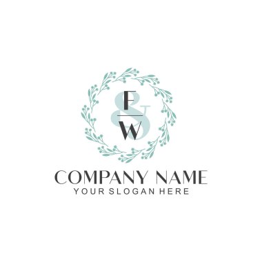 El yazısı FW Baş harfleriyle Çiçek Monogram Logosu Seti