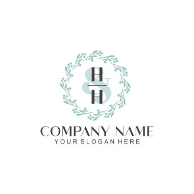 El yazısı HH Baş harfleriyle Çiçek Monogram Logosu Seti