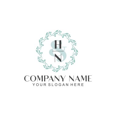 El yazısı HN Baş harfleriyle Çiçek Monogram Logosu Seti