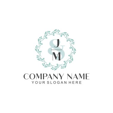 El yazısı JM Baş harfleriyle Çiçek Monogram Logosu Seti