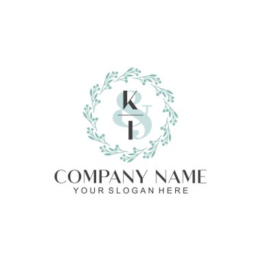El yazısı KI Baş harfleriyle Çiçek Monogram Logosu Seti