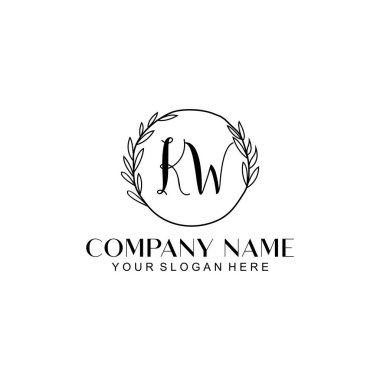 El yazısı KW Baş harfleriyle Çiçek Monogram Logosu Seti