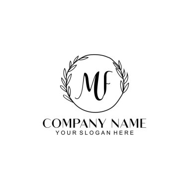 El yazısı MF Baş harfleriyle Çiçek Monogram Logosu Seti