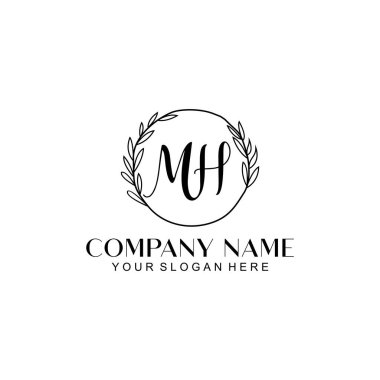El yazısı MH Baş harfleriyle Çiçek Monogram Logosu Seti