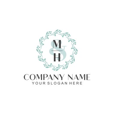 El yazısı MH Baş harfleriyle Çiçek Monogram Logosu Seti