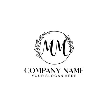 El yazısı MM Baş harfleriyle Çiçek Monogram Logosu Seti