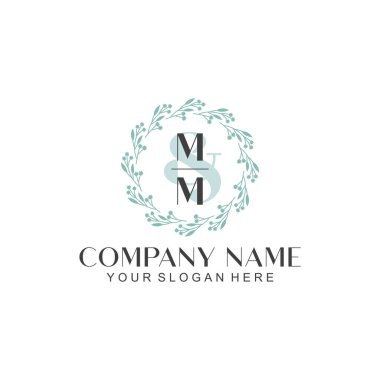El yazısı MM Baş harfleriyle Çiçek Monogram Logosu Seti