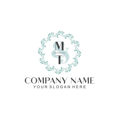 El yazısı MT Baş harfleriyle Çiçek Monogram Logosu Seti