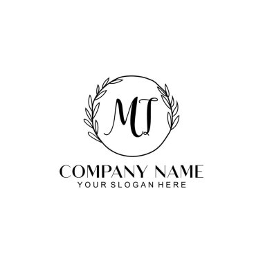 El yazısı MT Baş harfleriyle Çiçek Monogram Logosu Seti