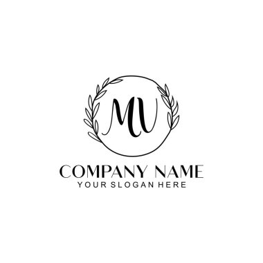 El yazısıyla MV harfleriyle Çiçek Monogram Logosu Seti