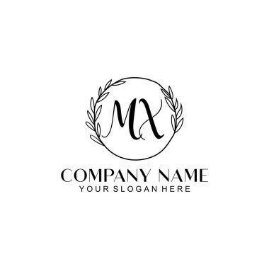 El yazısı MX Baş harfleriyle Çiçek Monogram Logosu Seti