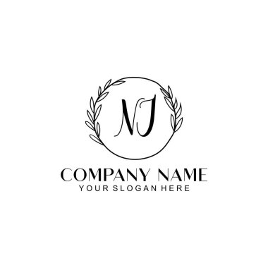 El yazısı NJ baş harfleriyle Çiçek Monogram Logosu Seti