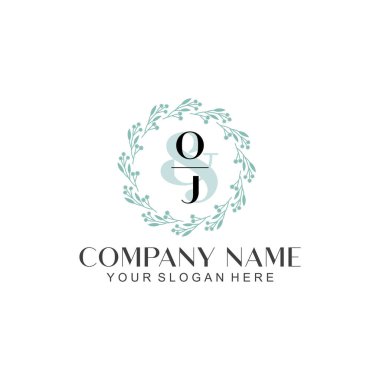 El yazısı OJ baş harfleriyle Çiçek Monogram Logosu Seti