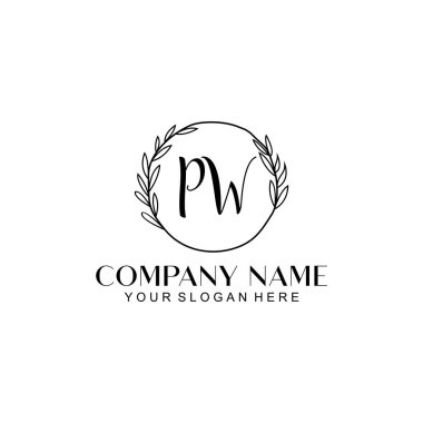 El yazısı PW Baş harfleriyle Çiçek Monogram Logosu Seti