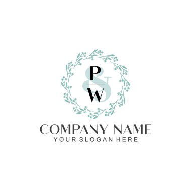 El yazısı PW Baş harfleriyle Çiçek Monogram Logosu Seti