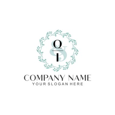 El yazısı QI Baş harfleriyle Çiçek Monogram Logosu Seti