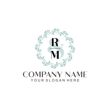 El yazısıyla RM Baş harfleriyle Çiçek Monogram Logosu Seti
