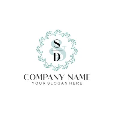 El yazısı SD Baş harfleri olan Çiçek Monogram Logosu Seti