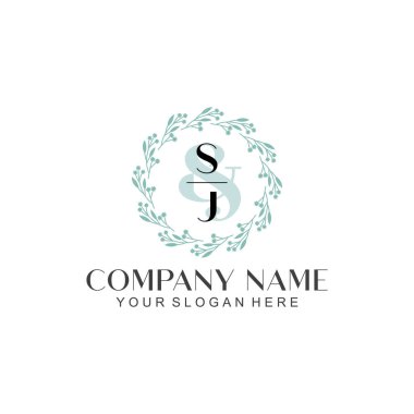 El yazısı SJ baş harfleriyle Çiçek Monogram Logosu Seti