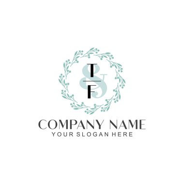 El yazısı TF Baş harfleriyle Çiçek Monogram Logosu Seti