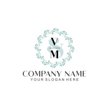 El yazısı VM Baş harfleriyle Çiçek Monogram Logosu Seti